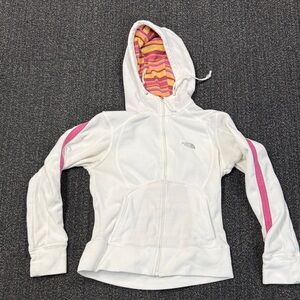 The North Face Kids White Jacket with Pink Stripes